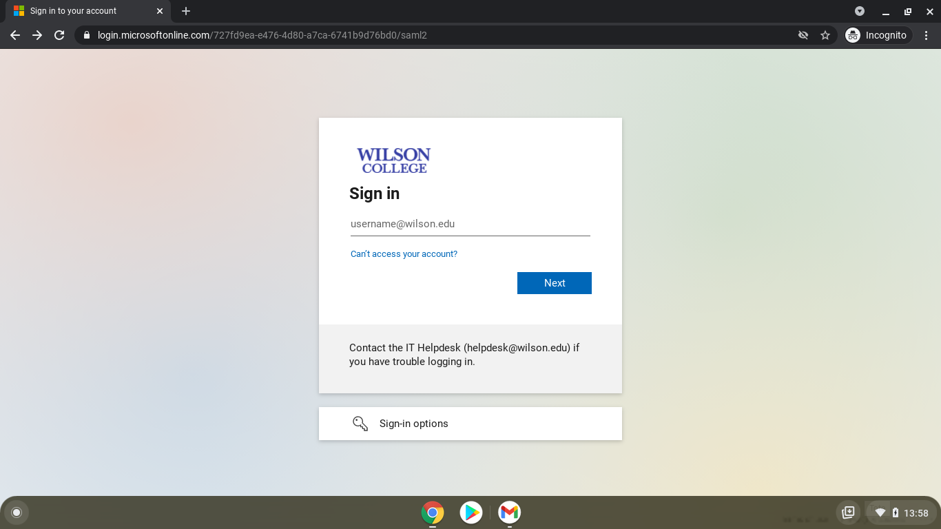 Screenshot of Wilson College login screen through Microsoft Azure Screenshot of Wilson College login screen through Microsoft Azure
