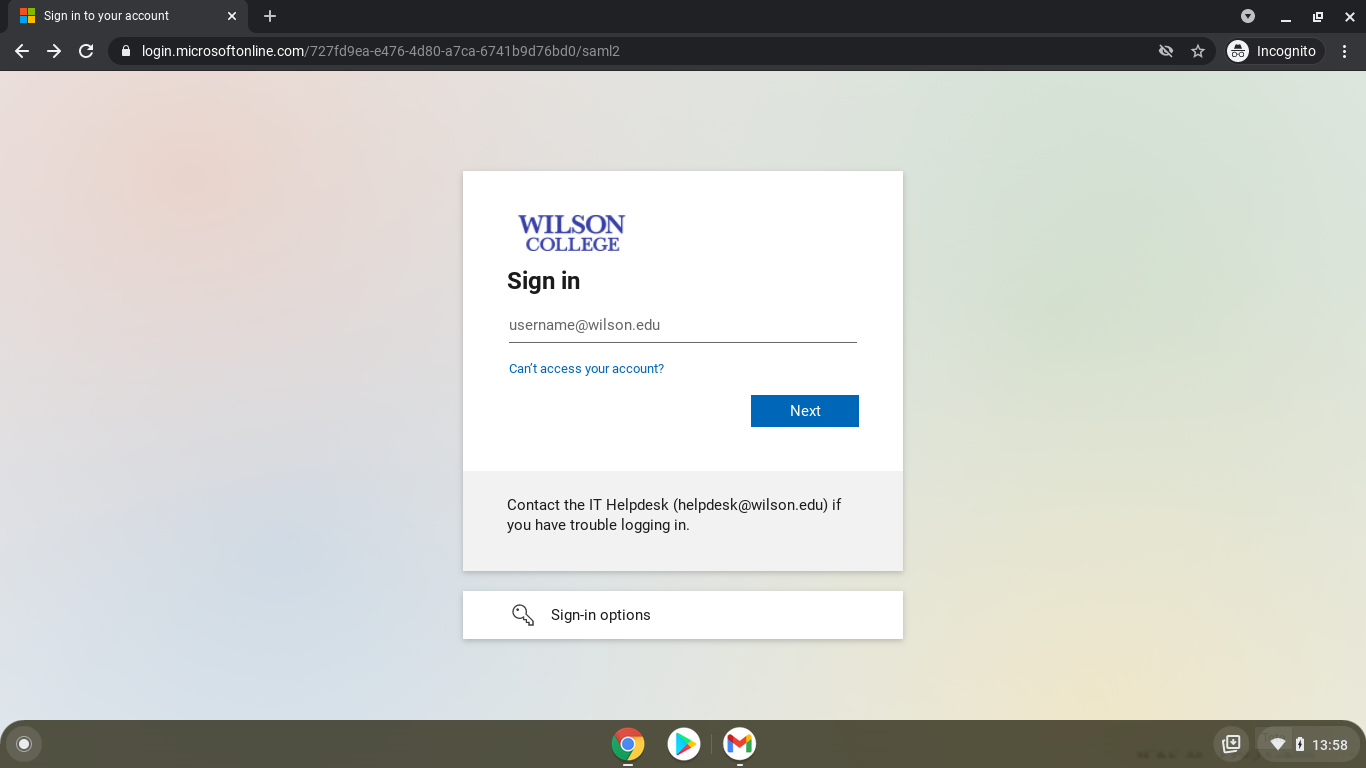 Screenshot of Wilson College login screen through Microsoft Azure