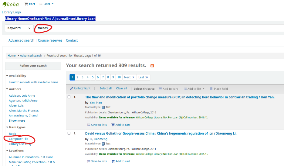 theses is typed into the search box and the left side contains the words computer file circled